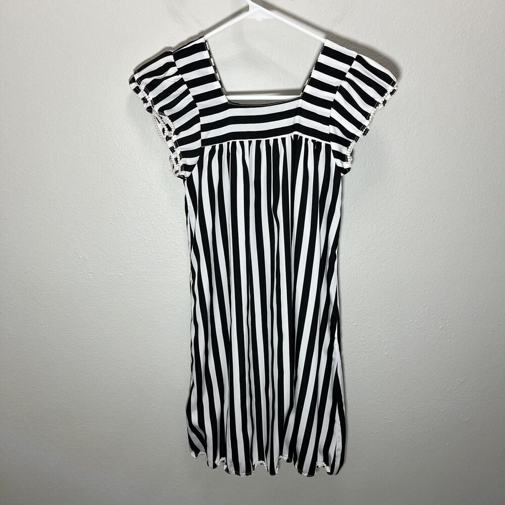 ATUN | Black & White Striped Flowy Maxi Dress Pom Pom Hem Girls 9-10 Years - Picture 5 of 5
